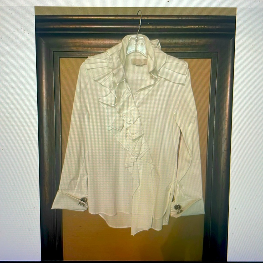 Monse white cotton asymmetric ruffle trim blouse